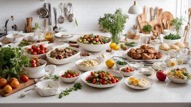 Racconta una storia visiva di un'avventura culinaria sul tuo tavolo bianco della cucina.