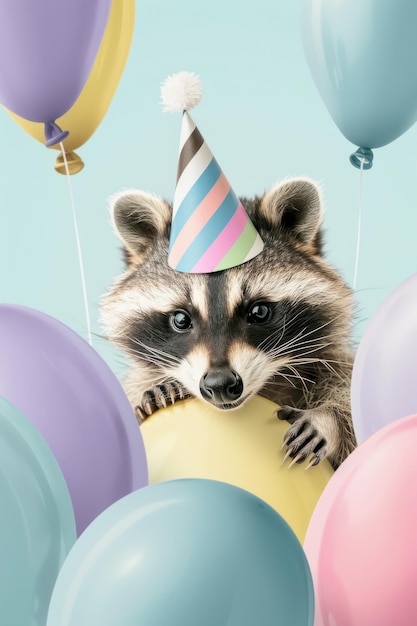 Raccoon che indossa un cappello da festa circondato da palloncini