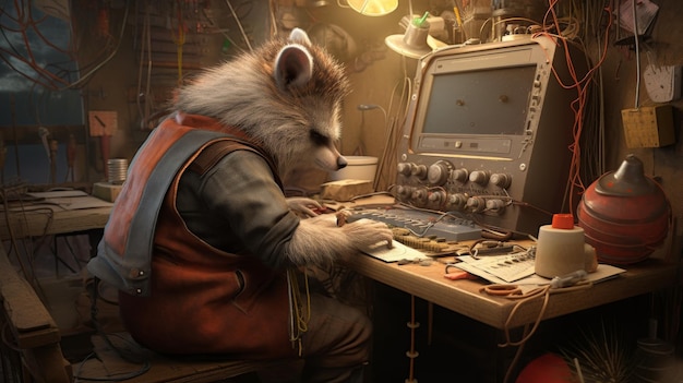 Raccoon che lavora alla scrivania con il computer