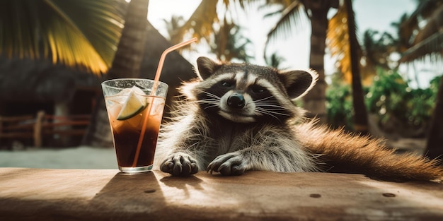 Raccoon è in vacanza estiva in località balneare e si rilassa sulla spiaggia estiva
