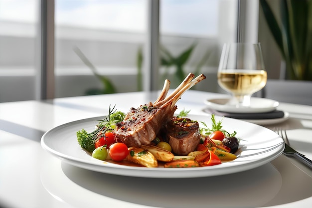 Rack di agnello per il pranzo nella sala da pranzo con uno sfondo accogliente