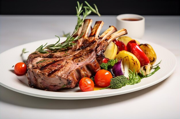 Rack di agnello per il pranzo nella sala da pranzo con uno sfondo accogliente