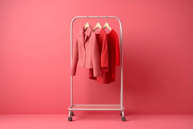 Rack di vestiti rosso vibrante su sfondo rosa AI generativa