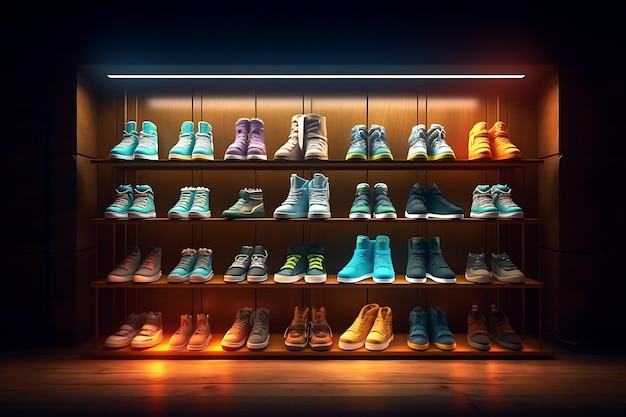 rack per visualizzare le scarpe sportive sullo scaffale rendering 3d