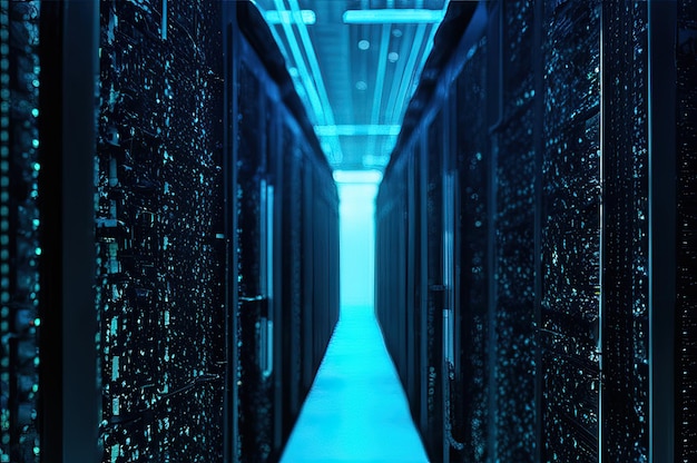 Racks di server di data center di tecnologia moderna con flusso di dati IoT e digitalizzazione