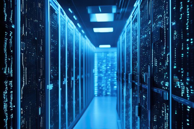 Racks di server di data center di tecnologia moderna con flusso di dati IoT e digitalizzazione