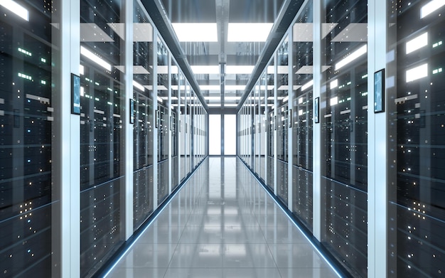 Racks di server nella rete di computer sicurezza sala server centro dati rendering 3d