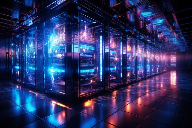 Racks di server nella sala server di sicurezza della rete informatica del centro dati futuristico