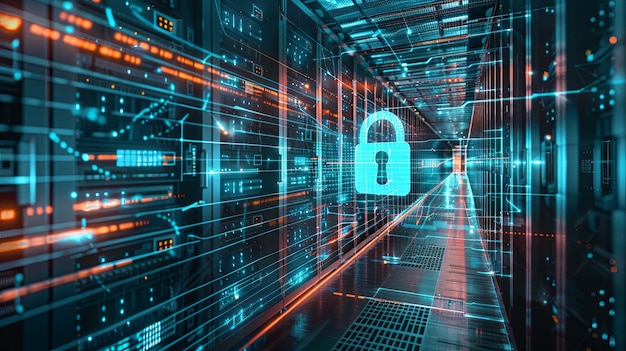 Racks di server o un centro cloud di dati dotati di una sovrapposizione di serraggio digitale che indica la sicurezza del server e la salvaguardia dei dati digitali o delle informazioni online