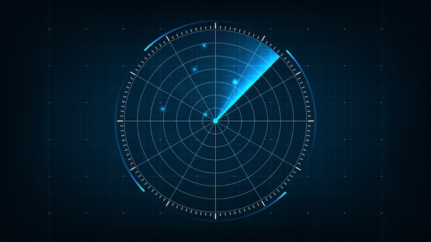 Radar realistico blu digitale con obiettivi sul monitor in ricerca