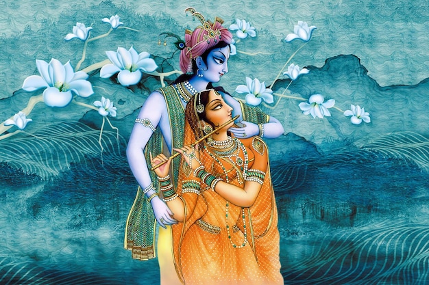 Radha krishna pittura arte poster dio colore pittura foto tono blu