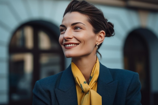 Radiante donna d'affari con uno sguardo sorprendente e un orecchio piegato in un ambiente moderno