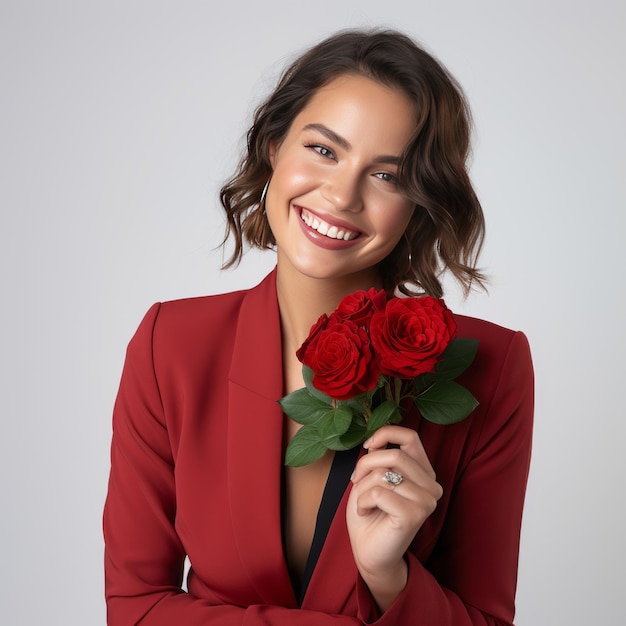 Radiante eleganza cattura la grazia di una donna gioiosa con un braccialetto rosso e un bouquet di fiori