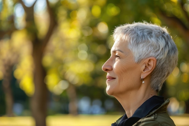 Radiante gioia una serena donna anziana sorriso beato nella natura IA generativa