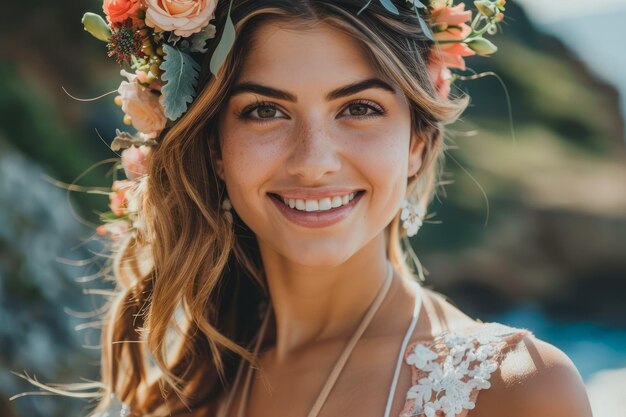 Radiante giovane donna con corona floreale sorridente sulla spiaggia soleggiata Ritratto di femmina felice in natura