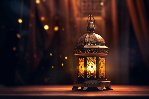 Radiante lanterna Ramadan in una stanza buia con un'immagine scura e sfocata dietro di essa ai generativa