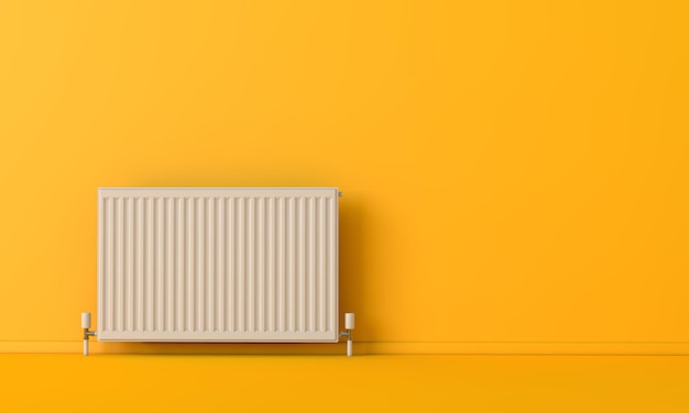 Radiatore di riscaldamento bianco contro un rendering giallo brillante della parete d