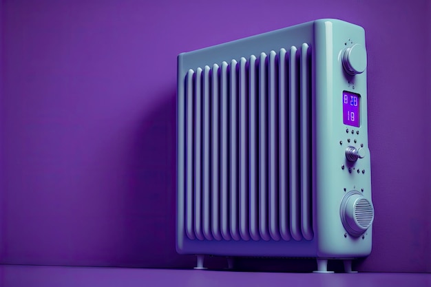 Radiatore di riscaldamento blu con regolatore di temperatura vicino alla parete viola