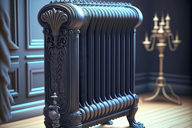Radiatore di riscaldamento grigio vintage con bellissimo motivo vicino al candelabro vintage