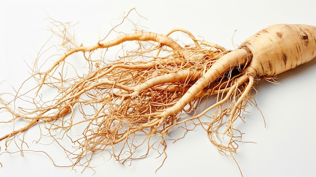 Radice completa della pianta di ginseng sdraiata su sfondo bianco Generativa