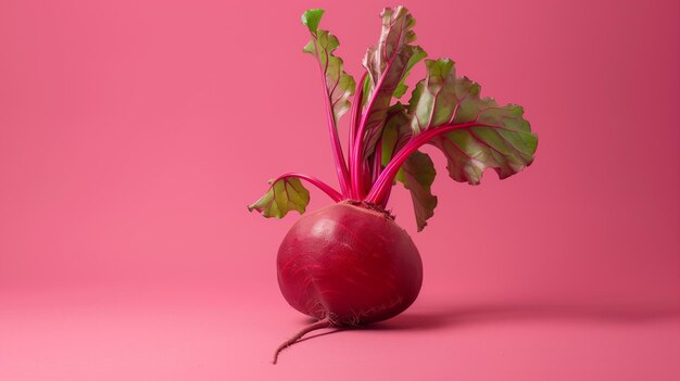 Radice rossa con foglie verdi su sfondo rosa