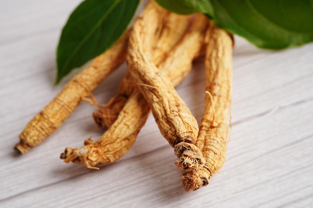 Radici di ginseng e cibo sano a foglia verde