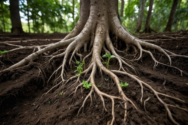 Radici espansive degli alberi nel fertile suolo della foresta