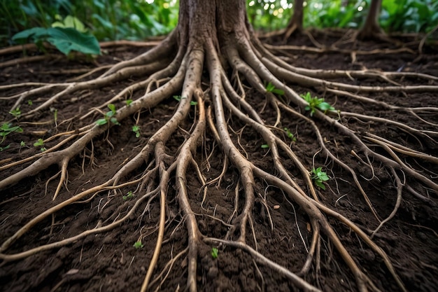 Radici espansive degli alberi nel fertile suolo della foresta