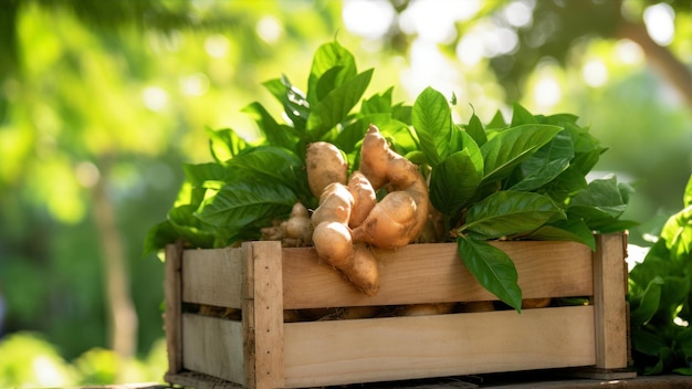 Radici fresche di curcuma in una scatola di legno su uno sfondo verde bokeh