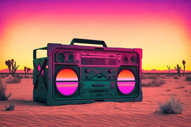 Radio d'epoca boombox nel deserto retrowave synthwave Rete neurale AI generata