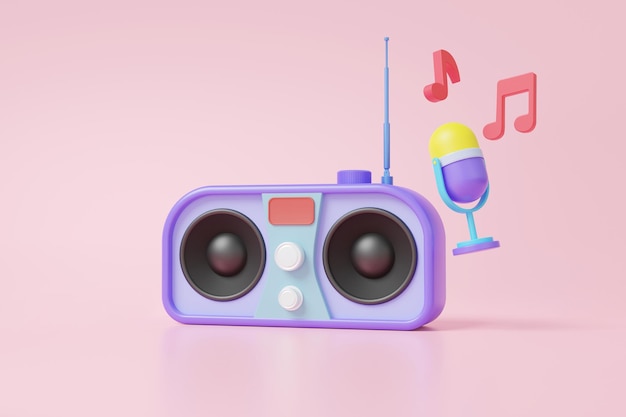 Radio retrò vintage con microfono podcast note musicali che galleggiano su sfondo rosa pastello Concetto di connessione multimediale onda musicale Minimo stile cartone animato Banner 3d rendering illustrazione