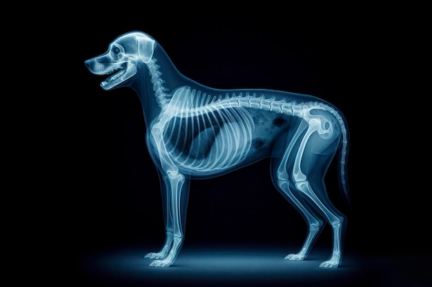 Radiografia di un cane a tono blu su uno sfondo nero