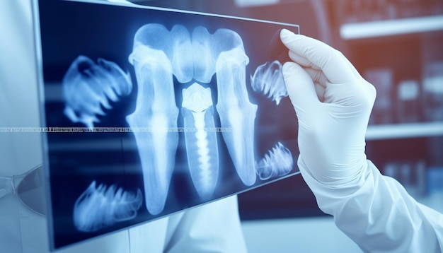 Radiografo che esegue la radiografia dei denti a un ragazzo utilizzando una macchina a raggi X digitale in pediatr AI generativa