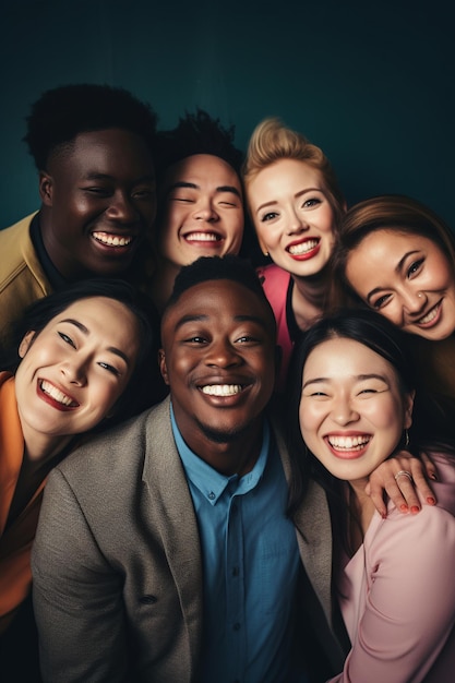 Radioso gruppo multietnico di amici stretti che condividono un momento gioioso su uno sfondo blu
