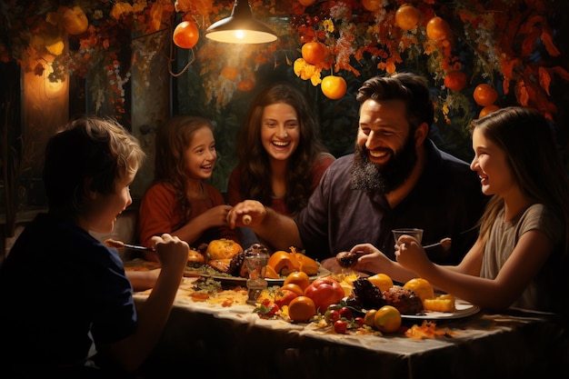 Raduno festivo di Sukkot in una Sukkah splendidamente adornata creata con l'IA generativa