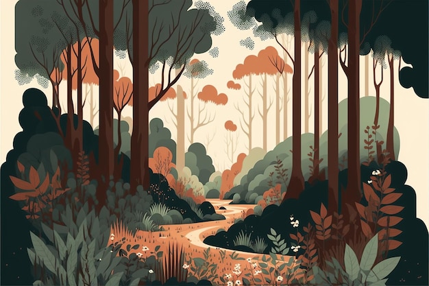 Radura della foresta Illustrazione del design piatto colori tenui e terrosi armonia ed equilibrio IA generativa