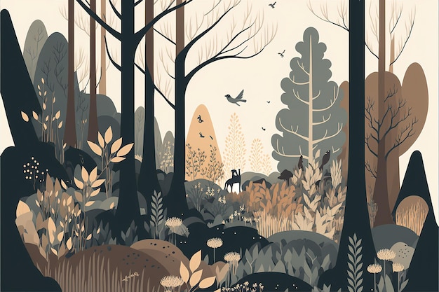 Radura della foresta Illustrazione del design piatto colori tenui e terrosi armonia ed equilibrio IA generativa