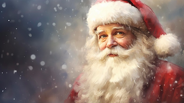 Raffigura Babbo Natale concentrandosi sui dettagli del viso resi nello spazio di copia in stile impressionismo