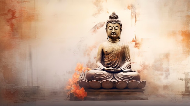 Raffigura una statua di Buddha con particolare attenzione ai dettagli architettonici resi in stile impressionista