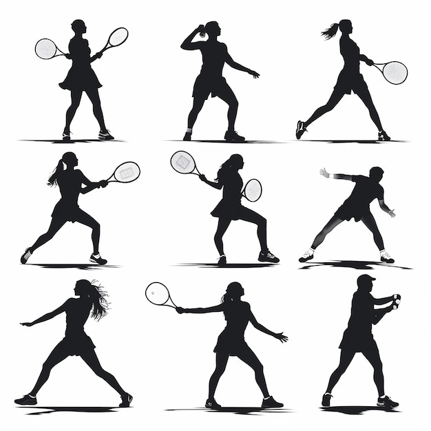 raffigurano una serie di silhouette di giocatori di tennis in bianco e nero