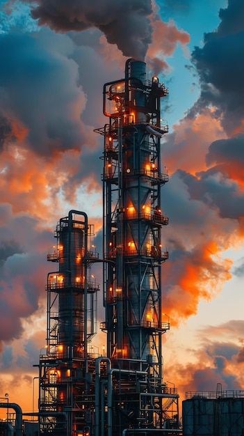 Raffineria di petrolio al crepuscolo con un cielo vibrante
