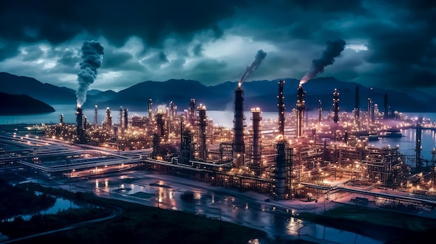 Raffinerie di petrolio e industria chimica negli impianti di lavorazione notturna realizzati con l'IA generativa