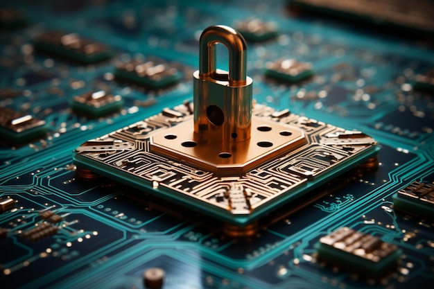Rafforzamento della protezione dei dati Circuito futuristico con blocco digitale e processore di sicurezza