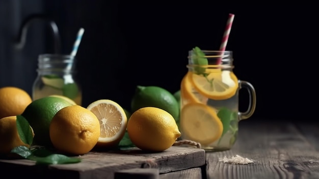 Raffreddare la limonata e la frutta appena fatte sul tavolo di legno grigio AI Generativo