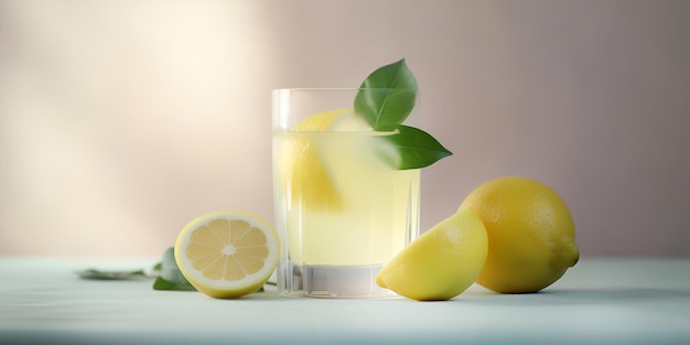 Raffreddare limonata appena fatta e frutti di limone su sfondo beige Spazio per il testo generato dall'intelligenza artificiale