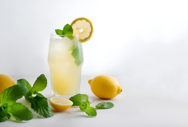 Raffreddare limonata appena fatta e frutti di limone su sfondo bianco Spazio per il testo AI generato