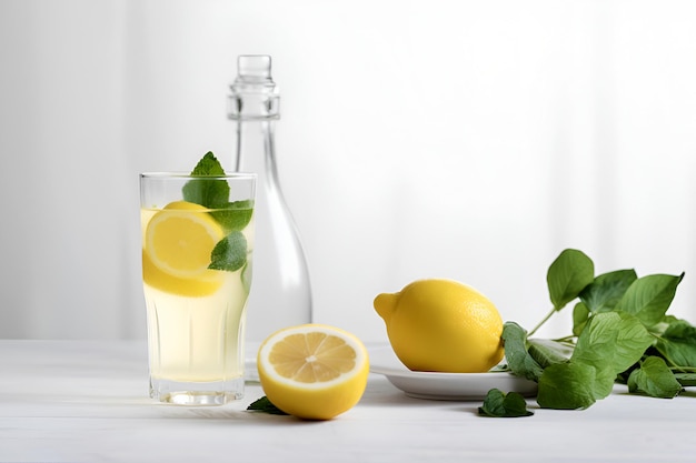 Raffreddare limonata appena fatta e frutti di limone su sfondo bianco Spazio per il testo AI generato