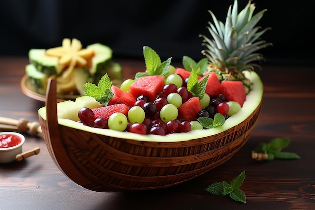 rafibd2024 Salata di frutta di anguria in un'ananas Fotografia di immagini di anguria su una barca