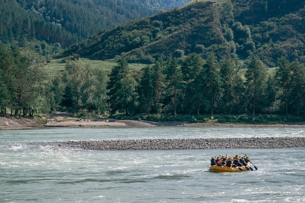 Rafting su un fiume di montagna sullo sfondo di un verde bosco di montagna