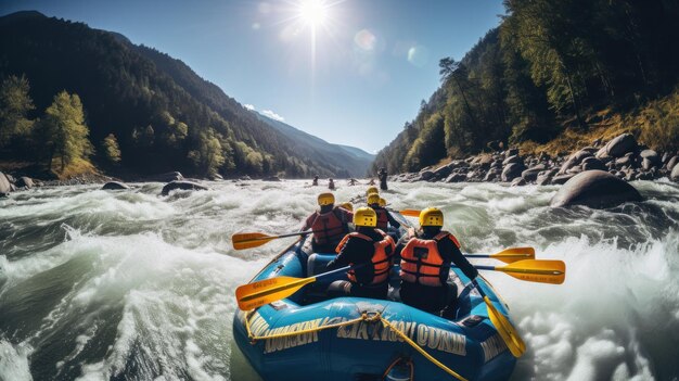 Rafting su una grande barca su un fiume di montagna squadra coesione squadra di costruzione